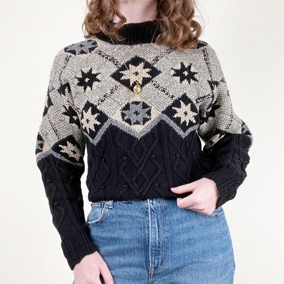 Vintage Cable Knit Wool Silk Fair Isle Scandinavian Oversized Winter Christmas - Picture 3 of 7